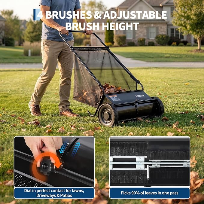 Garvee Push Lawn Sweeper, 26" Leaf & Grass Collector with 7Cu.ft Hopper Bag | Heavy Duty Yard Sweeper with Clear Dust Cover & Large Collection Bag for Leaves, Grass Clippings, for Lawn Yard Cleanup
