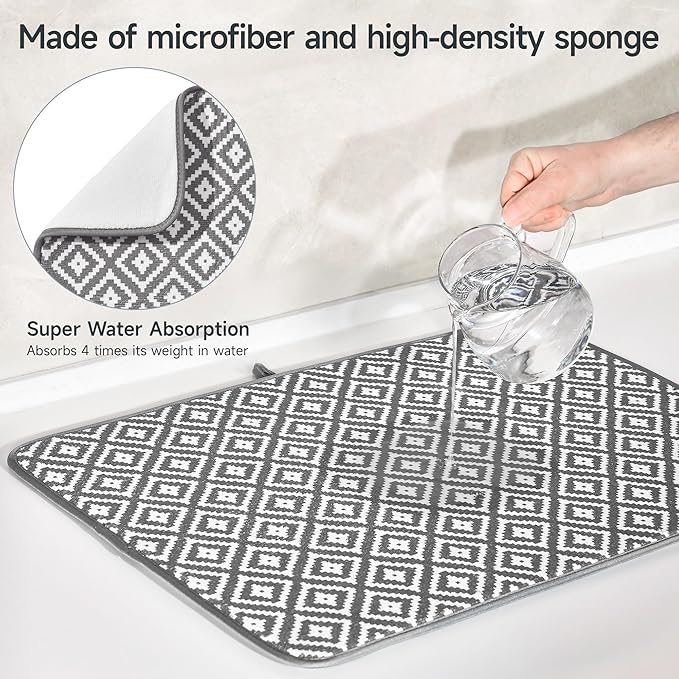 Subekyu 2 Pack Dish Drying Mat, 24*18 inch Ultra Absorbent Microfiber Dishes Drainer Mats for Kitchen Counter, Large Size Dish Drying Pad with Rhombus patterns