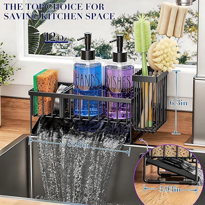 MASADI Kitchen Sink Caddy with Dish Soap Dispenser Set, 12OZ Glass Bottle, Hand and Dish Soap Dispenser Set, Non-Slip Silicone Pad, Brush Holder, Kitchen Sink Organizer Countertop (Black+Clear)