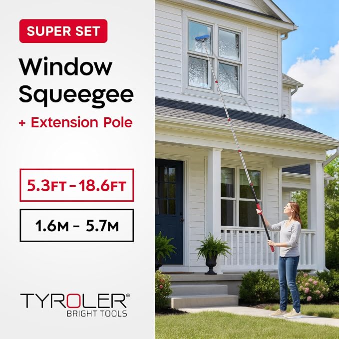 Tyroler Professional Window Squeegee with Extension Pole 6-19 ft | Squeegee for Window Cleaning | Windows Washing Kit with Extension Pole | Professional Window Cleaning Kit