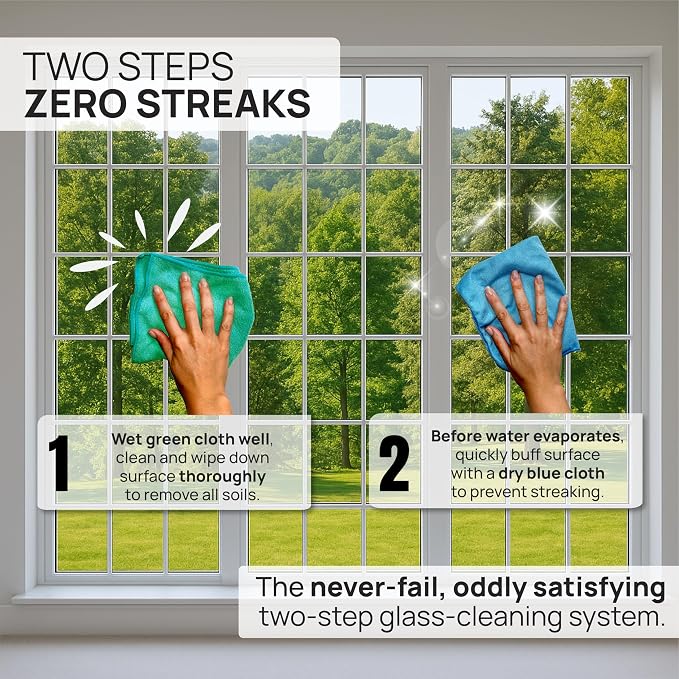 Claro 2 Step Glass Cleaning Cloth 8-Pack – Green Wet & Blue Dry Microfiber Towels Cleaning for Windows, Mirrors & Glass - Streak and Lint Free Cloth for Home, TV, Shower - Machine Washable