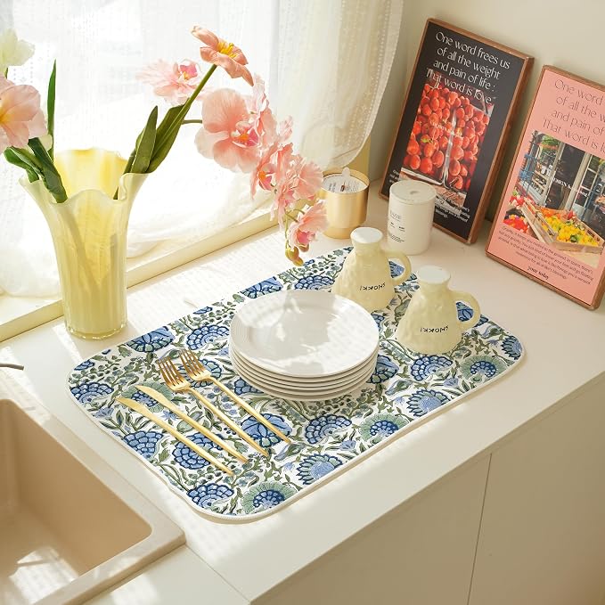 Blue Sage Green Floral Dish Drying Mats 18x24 Inch Sage Green Block Print Flower Holiday Kitchen Decor Absorbent Drying Pad Rack Drainer Mats for Kitchen Dining Room Counter