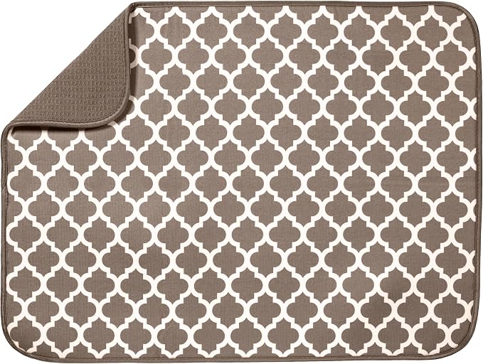S&T INC. Dish Drying Mat XL, 18” x 24”, Absorbent Microfiber Kitchen Counter Mat, Dish Drying Pad for Dishes, Utensils, Pots and Pans, Extra Large, Taupe Trellis