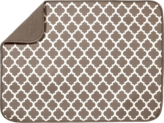 S&T INC. Dish Drying Mat XL, 18” x 24”, Absorbent Microfiber Kitchen Counter Mat, Dish Drying Pad for Dishes, Utensils, Pots and Pans, Extra Large, Taupe Trellis