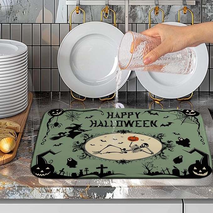 Happy Halloween Dish Drying Mat for Kitchen Counter 16x18 Skull Pumpkin Witch Spider Web Bat Ghost Drying Mats Green Black Absorbent Microfiber Dish Drainer Rack Pad for Coffee Bar