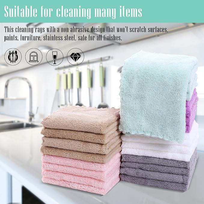 24 Pack Kitchen Dishcloths - Does Not Shed Fluff - Reusable Dish Towels, Dish cloths, Super Absorbent Coral Fleece Cleaning Cloths, Nonstick Oil Washable Fast Drying, 10 x 10 Inch (Multicolor)