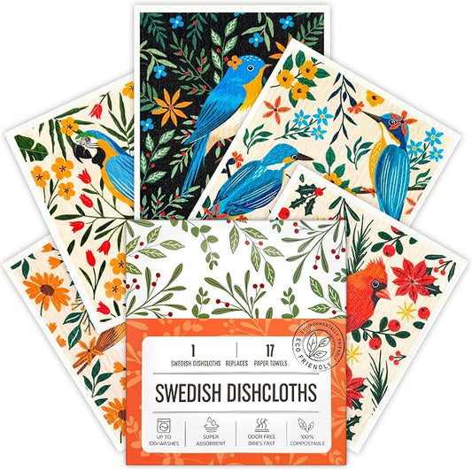 Swedish Dishcloths for Kitchen, 5 Pack Reusable Paper Towels Washable, Super Absorbent Kitchen Towels, No Odor Dish Rags, Biodegradable, Quick Drying, Dishwasher Safe