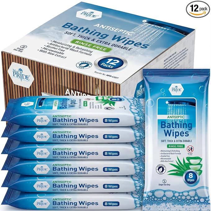 MED PRIDE Waterless Rinse-Free Bath Wipes for Adults, Aloe Vera, 96-Count
