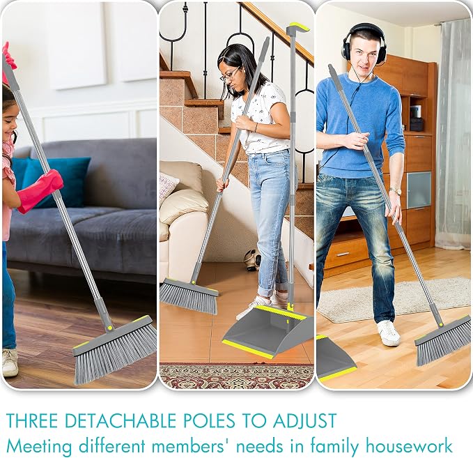 2-Pack Broom and Dustpan Combo Set, 48" Long Adjustable Handle Stand Up Dustpan with Self-Cleaning Teeth, Ideal for Home, Office, Kitchen, Indoor & Outdoor Use, Grey | Stand Up Dustpan with Self-Cleaning Teeth and Long Handle Broom Set for Home, Office...