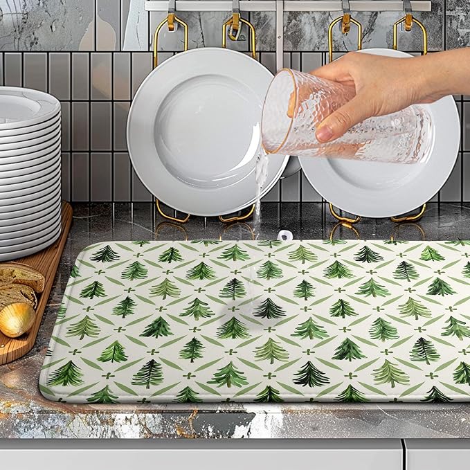 Christmas Dish Drying Mat for Kitchen Counter 18x24 Inch Sage Green Xmas Tree Drying Pad Winter Holiday Dish Draining Mat Microfiber Absorbent Dish Drainer Rack Mat for Coffee Bar