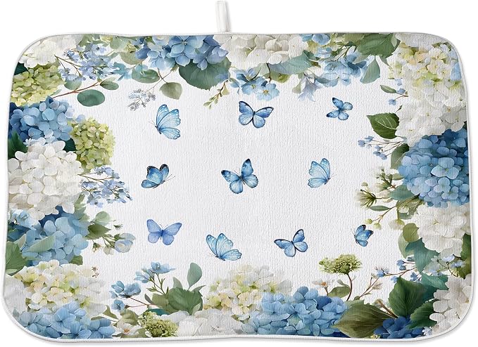 Spring Dish Drying Mat 18x24 Inches For Kitchen Counter Absorbent Watercolor Blue Hydrangea Butterfly Kitchen Decoration Summer Floral Drying Mat Pad For Home Kitchen,Dining Room,Office Decor