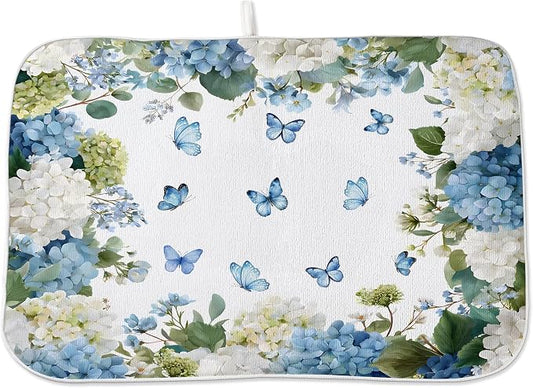 Spring Dish Drying Mat 18x24 Inches For Kitchen Counter Absorbent Watercolor Blue Hydrangea Butterfly Kitchen Decoration Summer Floral Drying Mat Pad For Home Kitchen,Dining Room,Office Decor