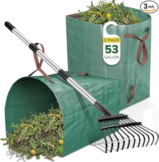 GreatBuddy Leaf Rake and Leaf Bags Combo, Adjustable Metal Garden Rake 29''-72'' 11 Tines, 2 Pack 53 Gallon Reusable Yard Waste Bags, Heavy Duty Lawn Rake with Dustpan Leaf Collector for Yard Cleanup