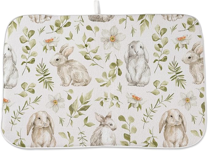 Spring Dish Drying Mat 18x24 Inches For Kitchen Counter Absorbent Easter Green Rabbit Floral Kitchen Decoration Bunny Flower Drying Mat Pad For Home Kitchen,Dining Room,Office Decor