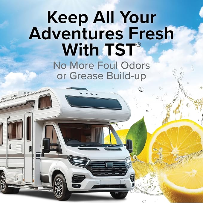 Camco TST Camper/RV Grey Water Odor Control - Features Septic Safe Biodegradable Formula - Removes Grease Build-Up in Black Water Tank, Sink & Shower Drains - Fresh Lemon Scent, 32-oz Bottle (40252)
