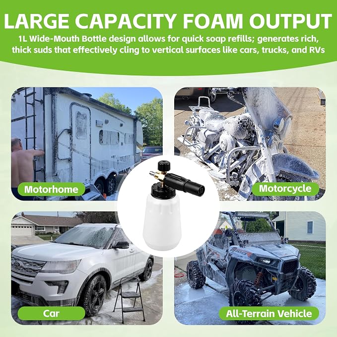 Foam Cannon for Greenworks Pressure Washer, 1L | 3700 PSI, 1/4" Quick Connect, Adjustable Snow Foam Lance, Car Detailing & Cleaning