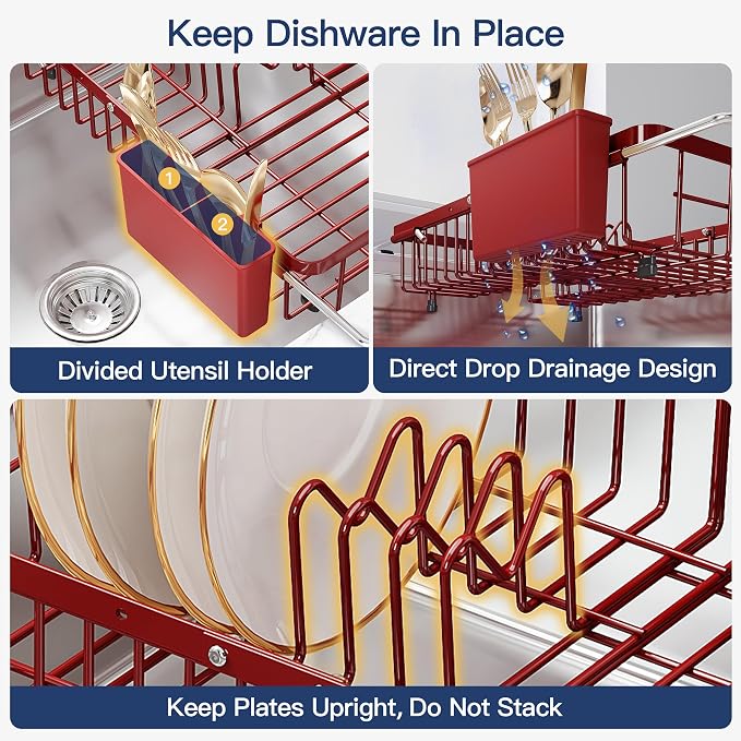 JASIWAY Expandable Stainless Steel Red Dish Drying Rack Over The Sink for Small Kitchen, Counter Space Saving Compact Plate Drainer Strainer, Adjustable Hanging Metal Dish Dryer with Utensil Holder