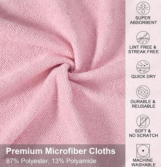 UPSTAR Microfiber Cleaning Cloth, Reusable Paper Towels Rolls, 50 Packs 12x12 inch Cleaning Rags for Washing Dishes, Kitchen, Bathroom, Car, Pink