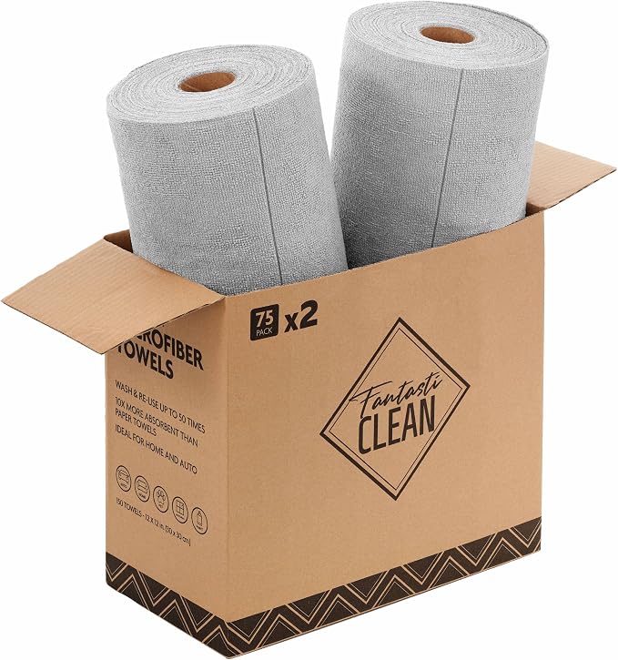 Fantasticlean Microfiber Cleaning Cloth Rolls- 150 Sheets (2 Rolls of Grey) | 12'' by 12'', Super Absorbent, Lint-free, Tear-away Microfiber Towel Roll, for All-Purpose Cleaning