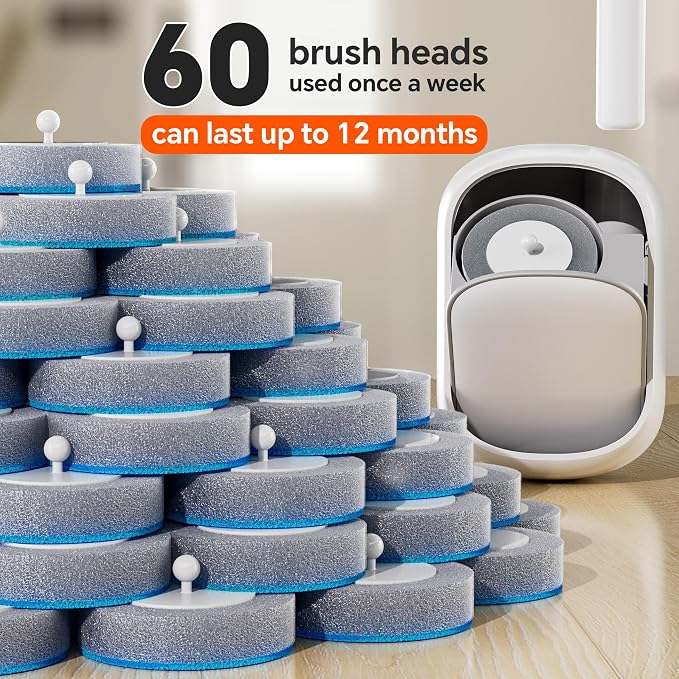 CTIME Disposable Toilet Brush Family Set Includes 60 Brush Heads, a Stylish Brush Handle, an Automatically Opening Replacement Brush Head Storage Box. Suitable for Bathrooms, Toilets and RVs
