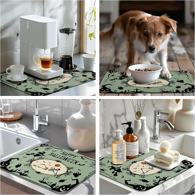 Happy Halloween Dish Drying Mat for Kitchen Counter 16x18 Skull Pumpkin Witch Spider Web Bat Ghost Drying Mats Green Black Absorbent Microfiber Dish Drainer Rack Pad for Coffee Bar