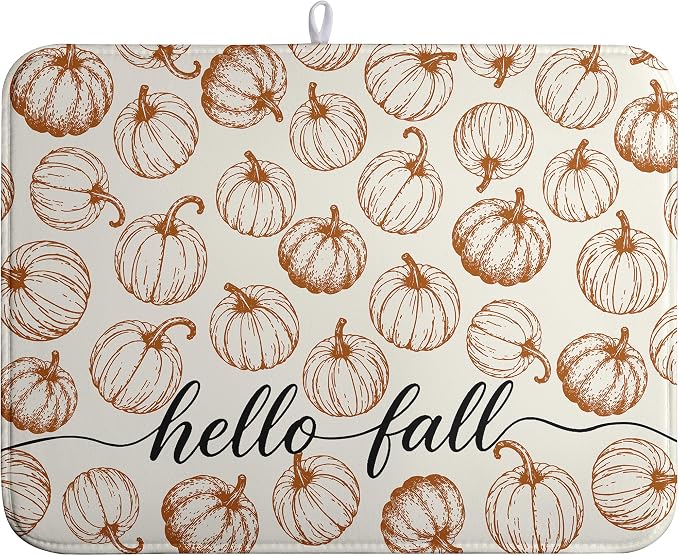Hello Fall Dish Drying Mats Thanksgiving Pumpkin Dish Mat Autumn Drying Matt Dishes Dryer Pad for Kitchen Counter Absorbent Microfiber Washable Foldable Reusable 18x24 in