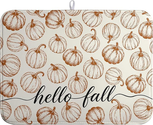 Hello Fall Dish Drying Mats Thanksgiving Pumpkin Dish Mat Autumn Drying Matt Dishes Dryer Pad for Kitchen Counter Absorbent Microfiber Washable Foldable Reusable 18x24 in