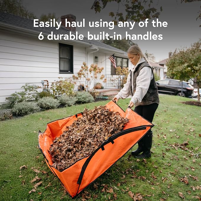 Leaf Tarp for Fast Yard Cleanup –Leaf Collection Tarp with 6 Handles & Ground Stakes – Lawn Leaf Bag for Raking, Garden Debris & Yard Waste Removal, Wind Proof, 4’ x 6’ Capacity