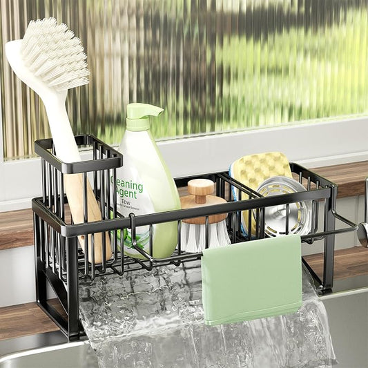SWTYMIKI Sponge Holder for Kitchen Sink - Sink Caddy with Brush Holder and Stainless Steel Self Drain Tray, Sponge Caddy Organizer with Divider Kitchen Accessories Storage for Countertop, Black
