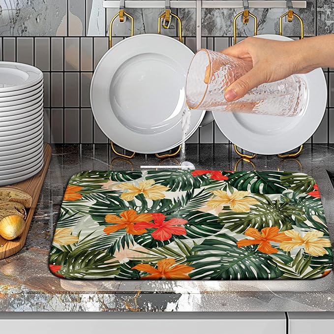 Tropical Leaves Flower Drying Mat for Kitchen Counter Summer Palm Leaf Drying Dish Mat Watercolor Herbs Dishes Pad Absorbent Fast Dry Kitchen Accessories 16x18 Inch