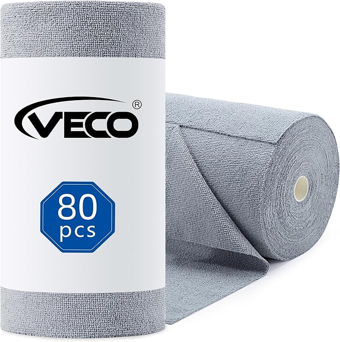 Veco Microfiber Cleaning Cloth Roll 80 PCS Gray, 12" x 12" | Lint-Free, Streak-Free, Tear Away Reusable Microfiber Towels, Cleaning Rags for Kitchen, Car & Home