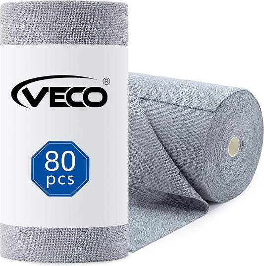 Veco Microfiber Cleaning Cloth Roll 80 PCS Gray, 12" x 12" | Lint-Free, Streak-Free, Tear Away Reusable Microfiber Towels, Cleaning Rags for Kitchen, Car & Home