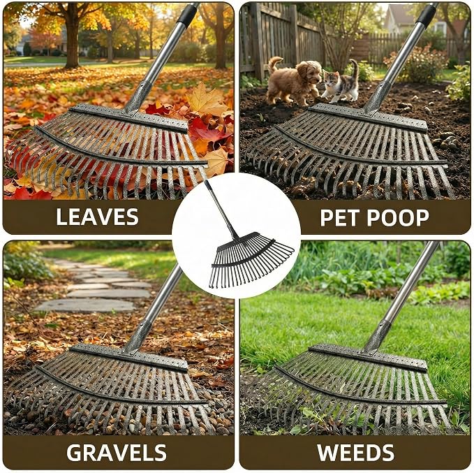 Metal Bow Leaf Rake with 25 Steel Teeth & 68" Stainless Steel Handle | 20" Wide Head, 3 Height Settings, Dethatching & Lawn Care, For Leaves Debris & Mulch, Tool-Free Assembly, Easy Storage