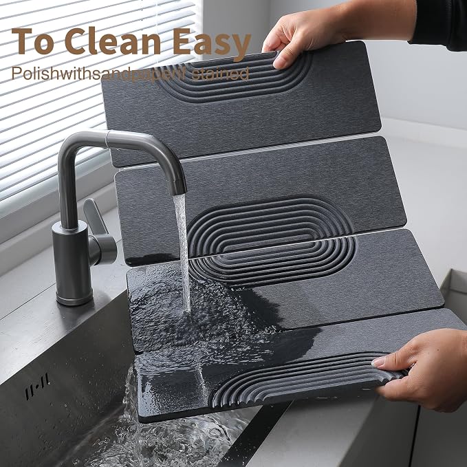 Foldable Stone Dish Drying Mat for Kitchen Counter, Diatomaceous Earth Drying Mat with Non-Slip Backing, Heat Resistant Multifunctional Mat for Kitchen & Bathroom, Instant water absorption-(24"×16")