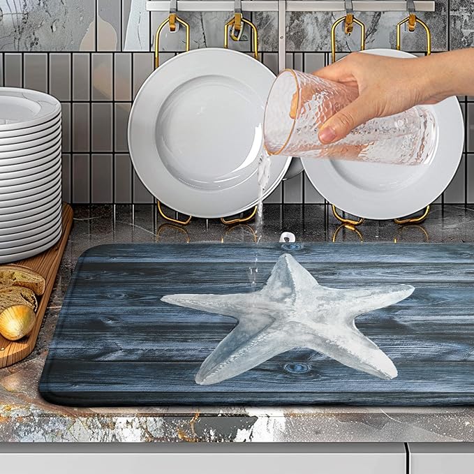 Summer Starfish Dish Drying Mat for Kitchen Counter Navy Blue Microfiber Absorbent Dish Drainer Rack Mats Coastal Ocean Themed Kitchen Sink Dishes Pad 18 X 24 Inch