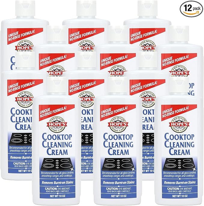 HOPE'S Cooktop Cleaning Cream, Fast Acting, No-Rinse Cooktop Cleaner for Glass Top Stoves, Polishes and Removes Burnt-on Stains Easily on Glass Ceramic Cooktops, 8 Fl Oz, Pack of 12