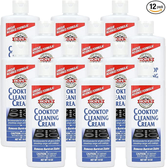 HOPE'S Cooktop Cleaning Cream, Fast Acting, No-Rinse Cooktop Cleaner for Glass Top Stoves, Polishes and Removes Burnt-on Stains Easily on Glass Ceramic Cooktops, 8 Fl Oz, Pack of 12