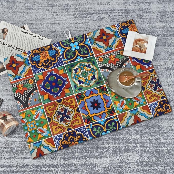 Talavera Mexican Tiles Dish Drying Mat For Kitchen Counter, Super Absorbent Microfiber Dish Drying Pad, Kitchen Gadgets For Easy Clean Multi-Use Large 18"x24"