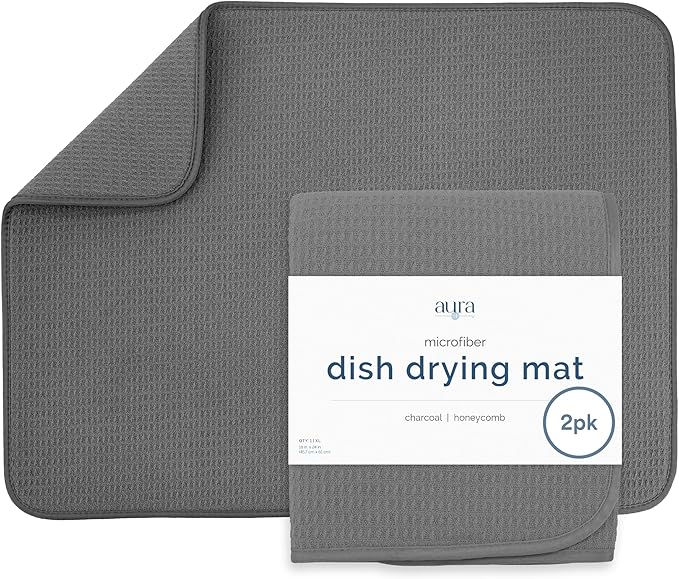 S&T INC. Dish Drying Mat, 2 Pack, 18" x 24", XL, Charcoal Grey | Absorbent Microfiber, 2PK Extra Large Kitchen Counter Mat for Dishes, Utensils, Pots and Pans, Machine Washable