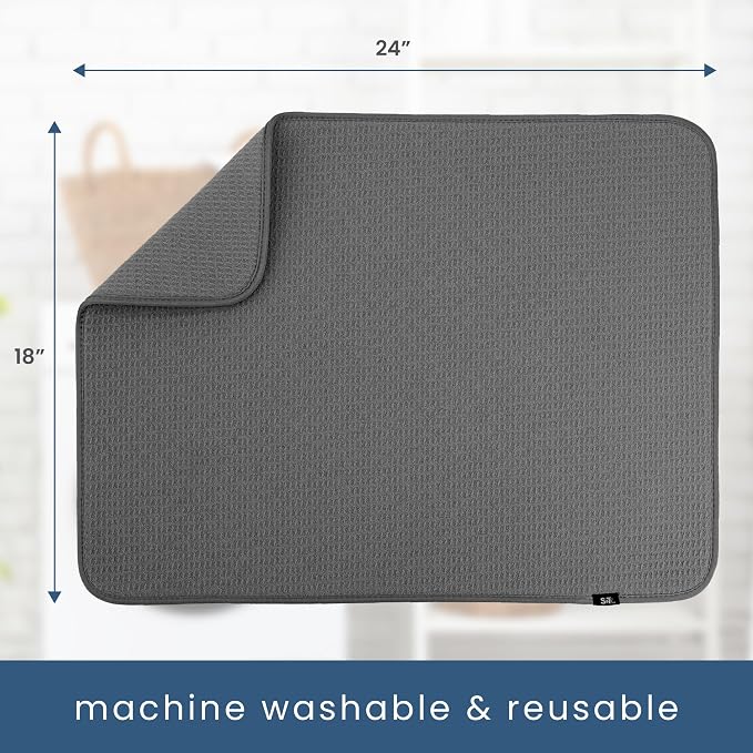 S&T INC. Dish Drying Mat, 2 Pack, 18" x 24", XL, Charcoal Grey | Absorbent Microfiber, 2PK Extra Large Kitchen Counter Mat for Dishes, Utensils, Pots and Pans, Machine Washable