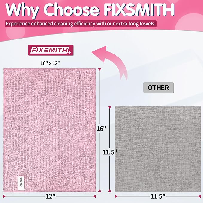 FIXSMITH Pink Microfiber Cleaning Cloth -Pack of 12, Highly Absorbent Cleaning Rags, 16"X12" All Purpose Cleaning Towels for Housekeeping, Kitchen, Car, Lint Free and Reusable Microfiber Towels