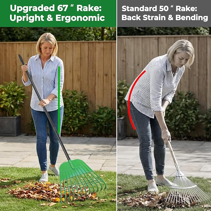 Gardzen 67 Inch Leaf Rake Set for Leaves and Lawn Cleanup | 12 Tines, 17-inch Plastic Rake Head, 50–67 Inch Adjustable Metal Handle, Includes Leaf Bag and Gloves
