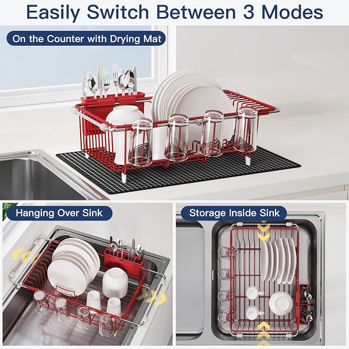 JASIWAY Red Dish Drying Rack in Sink with Mat, Expandable Stainless Steel Dish Drainers for Kitchen Counter, Space Saving Dish Dryer for Inside Sink, Over Sink Dish Racks with Utensil Holder