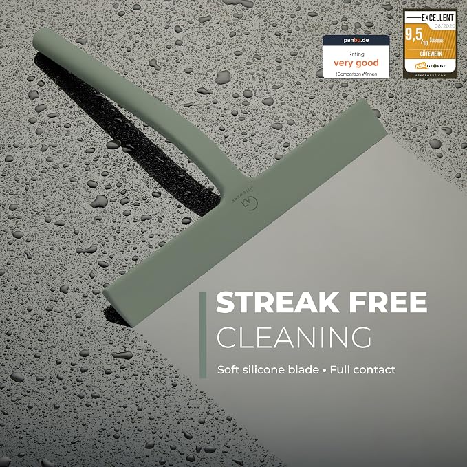 GÜTEWERK Silicone Shower Squeegee for Glass Doors & Mirrors with Stainless Steel Core, Streak-Free & No-Squeak Window Cleaning, 3-in-1 No-Drill Mount (Hook/Suction/Adhesive),Green, 9 Inches