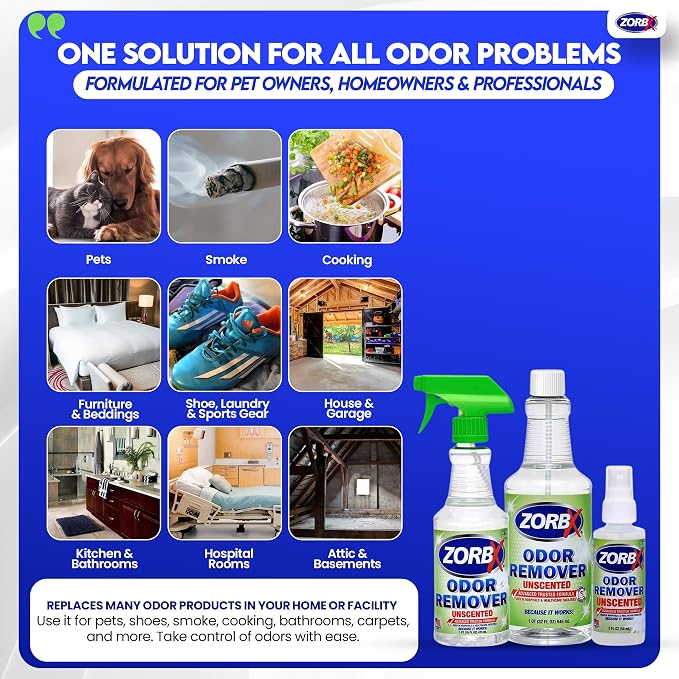 ZORBX Unscented Odor Eliminator Spray Set, 2+16+32 Oz, Hospital-Grade | Permanent Odor Remover for Pet & Human Urine, Smoke & Strong Odors, Carpet, Upholstery, Mattress, Bathroom, Basement & More