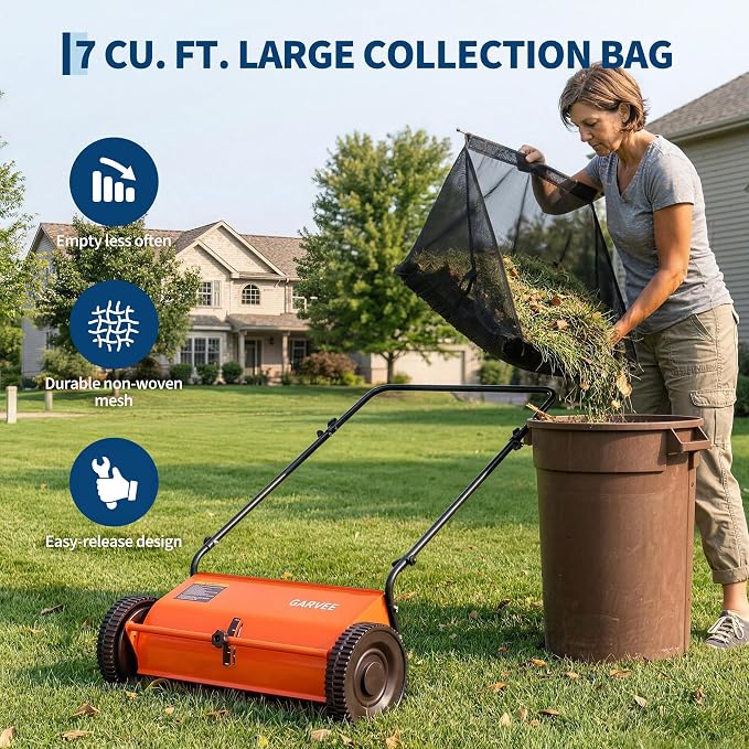 Garvee Push Lawn Sweeper, 26" Leaf & Grass Collector with 7Cu.ft Hopper Bag | Heavy Duty Yard Sweeper with Clear Dust Cover & Large Collection Bag for Leaves, Grass Clippings, for Lawn Yard Cleanup