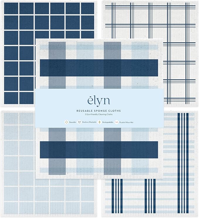 ELYN Swedish Dishcloths, Reusable & Washable Sponge Cloths, Absorbent Cleaning Paper Towels for Kitchen, Dishes, Counters and More, 5 Pack, Assorted Stripe & Plaid