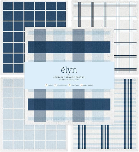ELYN Swedish Dishcloths, Reusable & Washable Sponge Cloths, Absorbent Cleaning Paper Towels for Kitchen, Dishes, Counters and More, 5 Pack, Assorted Stripe & Plaid