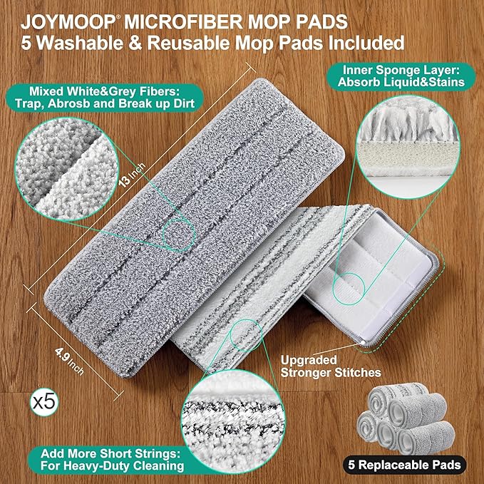 JOYMOOP Flat Mop System, Microfiber Mop and Bucket Set, White, Household & Commercial Floor Cleaning Mop with Long Handle, Wet & Dry Cleaning for Hardwood Floors, Includes 5 Pads
