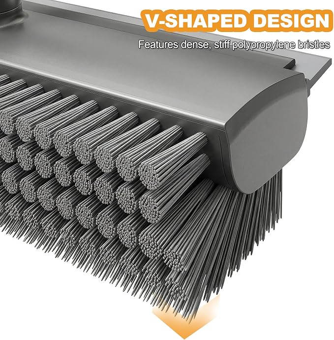 Floor Scrub Brush with Long Handle 3 in 1 Heavy Duty Stiff Bristle Scrubber Brush with Scraper V-Shaped Double-Sided Cleaning Brushes for Pool Tile, Grout,Crevices,Shower,Bathroom,Wall,Patio (Grey)